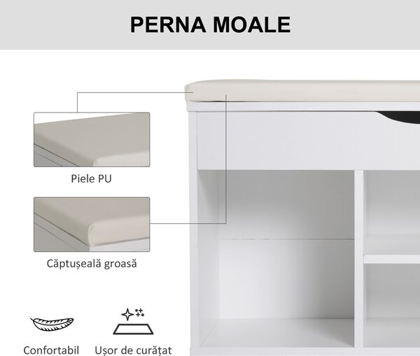 HOMCOM Dulap pentru Pantofi, Bancă cu Scaun Căptușit, Rabatabil, pentru Hol, 80x30x47 cm, Alb | Aosom Romania