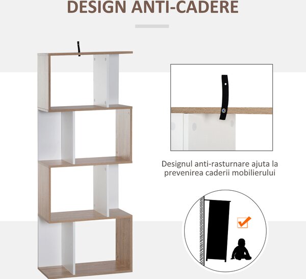 Biblioteca Design Modern 4 rafturi Lemn Natural si Alb, 60x24x148cm HOMCOM | Aosom Romania