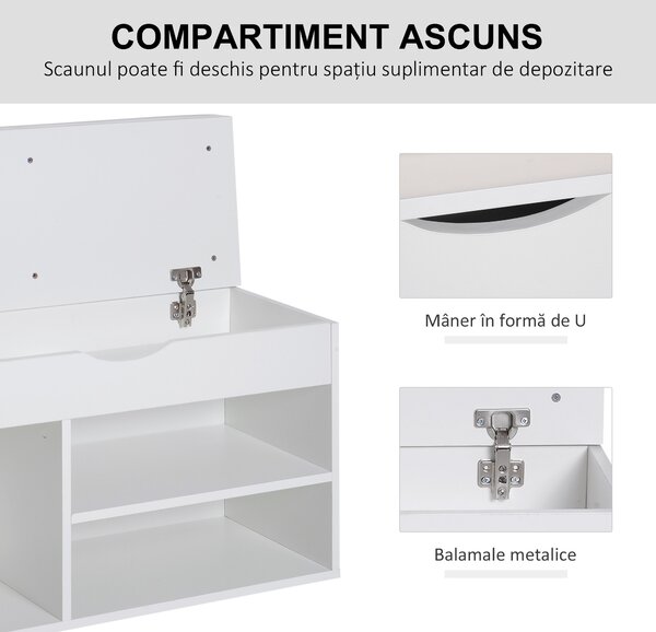 HOMCOM Dulap pentru Pantofi, Bancă cu Scaun Căptușit, Rabatabil, pentru Hol, 80x30x47 cm, Alb | Aosom Romania