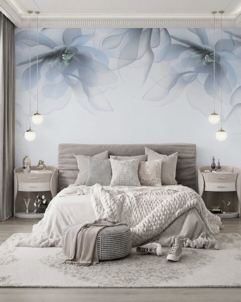Tapet flori mari translucide albastre pe partea de sus, Fototapet Flori, w02093v2 : Uwalls.ro
