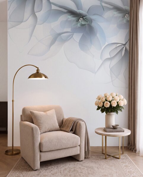 Tapet flori mari translucide albastre pe partea de sus, Fototapet Flori, w02093v2 : Uwalls.ro