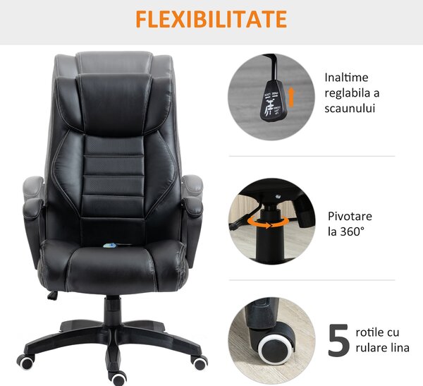 Vinsetto Fotoliu de Birou pentru Masaj și Ergonomic, Design Directorial, Piele Ecologică Neagră, 6 Puncte de Masaj | Aosom Romania