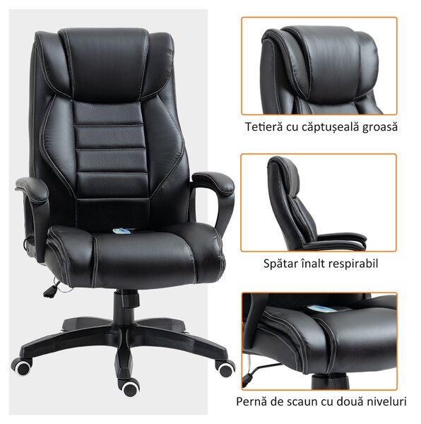 Vinsetto Fotoliu de Birou pentru Masaj și Ergonomic, Design Directorial, Piele Ecologică Neagră, 6 Puncte de Masaj | Aosom Romania