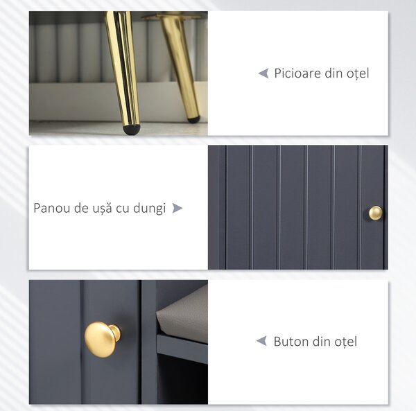 HOMCOM Dulap de Intrare pentru Pantofi cu Scaun Căptușit, Raft Deschis și Dulap, pentru 4 Perechi de Pantofi, 80x33x49 cm, Gri | Aosom Romania