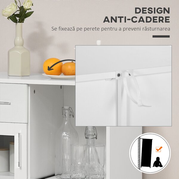 HOMCOM Dulapior cu Sertare și Dulap din Lemn și Sticlă Design Modern pentru Bucătărie sau Living 60x40x95cm Alb | Aosom Romania