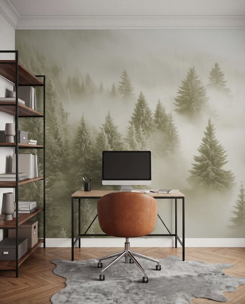 Tapet Ceață groasă învăluind o pădure înzăpezită de dimineață în nuanțe de verde moale, Fototapet Natură, w02064v2 : Uwalls.ro