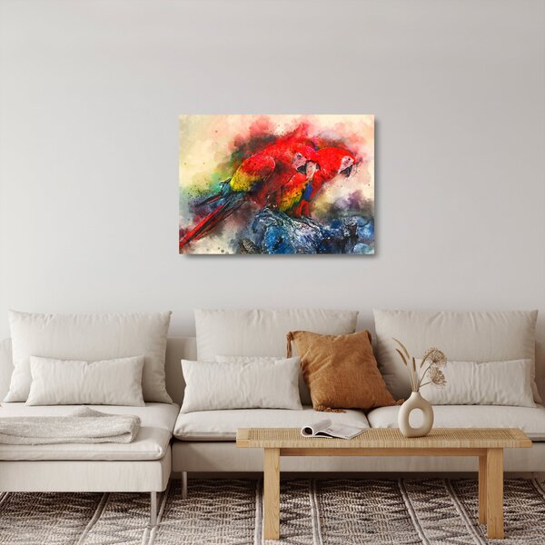 Tablou pe sticlă - Papagali roșii ara (70x50 cm)