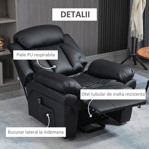 HOMCOM Fotoliu Electric Rabatabil cu Ridicare pentru Persoane, Capitolaj Gros și Telecomandă, Dimensiuni 96x93x105 cm, Negru Elegant | Aosom România