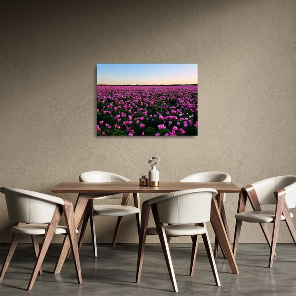 Tablou pe sticlă - Pajiștea cu lalele violet (70x50 cm)