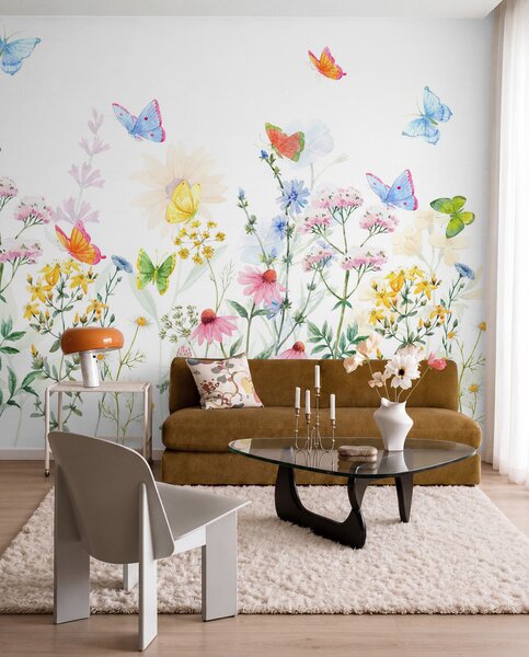 Tapet Flori și plante colorate și fluturi, Fototapet Flori, Fototapet Flori Mari, w02238 : Uwalls.ro