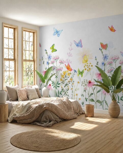 Tapet Flori și plante colorate și fluturi, Fototapet Flori, Fototapet Flori Mari, w02238 : Uwalls.ro