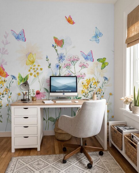 Tapet Flori și plante colorate și fluturi, Fototapet Flori, Fototapet Flori Mari, w02238 : Uwalls.ro