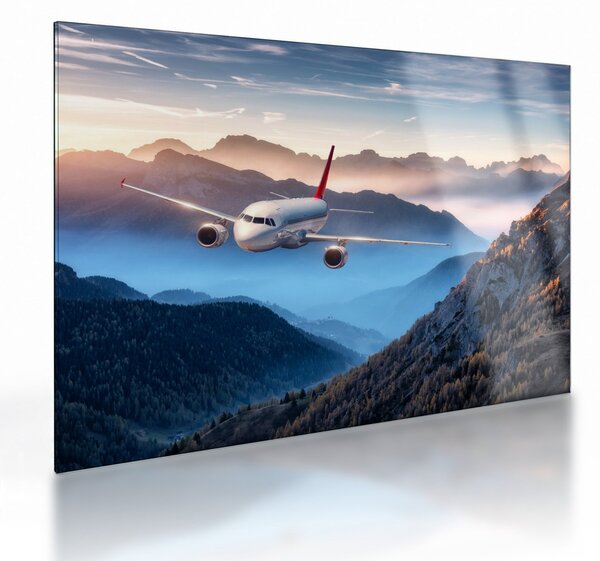 Tablou pe sticlă - Avion peste crestele montane (70x50 cm)