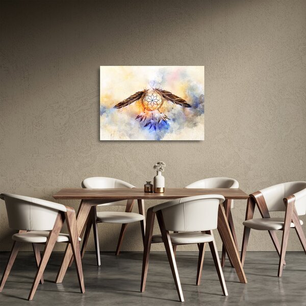 Tablou pe sticlă - Captator de vise cu pene (70x50 cm)