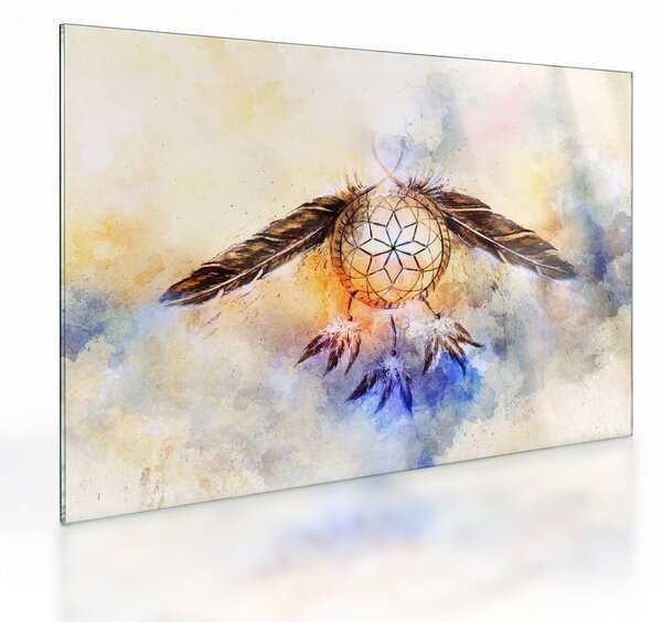 Tablou pe sticlă - Captator de vise cu pene (70x50 cm)