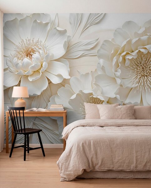 Tapet Elegant voluminoase imitație flori de bujor alb cu petale moi și centre galben pastel, pe un fundal deschis, Fototapet Flori, w08431 : Uwalls.ro