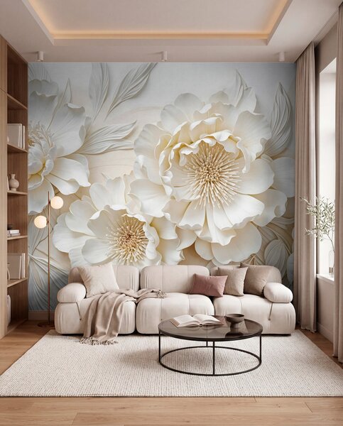 Tapet Elegant voluminoase imitație flori de bujor alb cu petale moi și centre galben pastel, pe un fundal deschis, Fototapet Flori, w08431 : Uwalls.ro