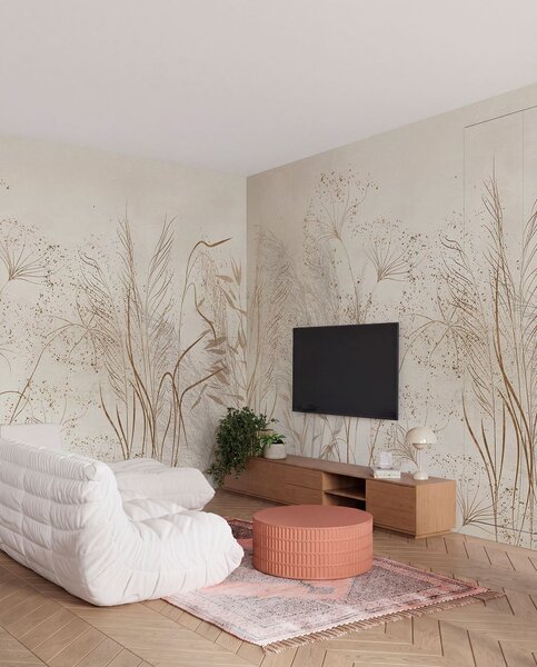 Tapet O ilustrare monocromă a diferitelor plante bej și spikelets cu linii delicate, wispy și texturi , Fototapet Acuarelă, w08441 : Uwalls.ro