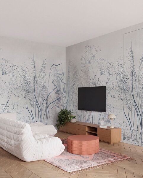 Tapet O ilustrare monocromă a diferitelor plante gri și spikelets cu linii delicate, wispy și texturi , Fototapet Acuarelă, w08441v1 : Uwalls.ro