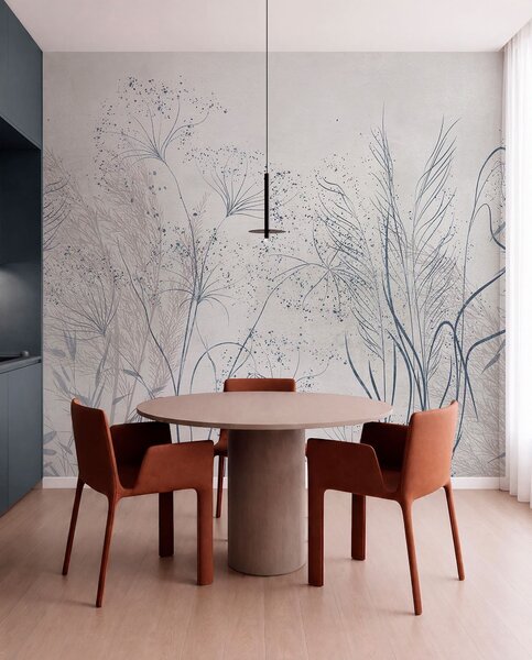 Tapet O ilustrare monocromă a diferitelor plante gri și spikelets cu linii delicate, wispy și texturi , Fototapet Acuarelă, w08441v1 : Uwalls.ro