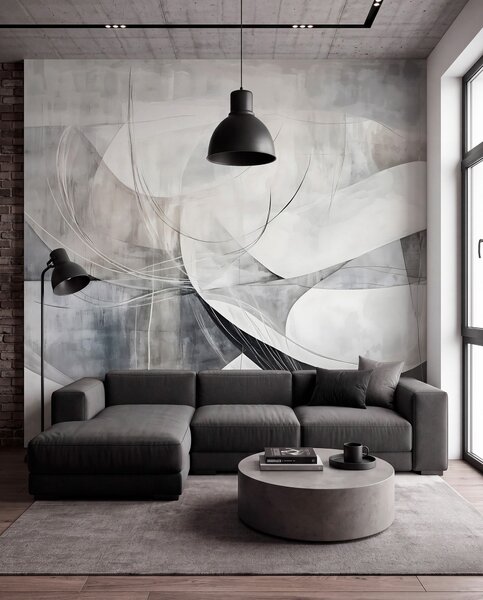 Tapet Forme abstracte și forme în nuanțe de alb, gri și negru pe un fundal cu textură neclară, Fototapet Modern, w08461v1 : Uwalls.ro