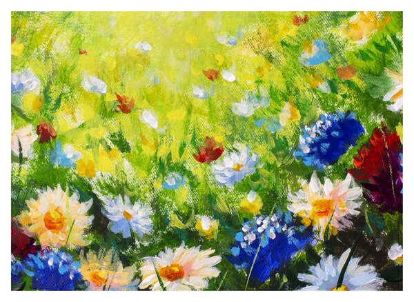Tablou pe sticlă - Pictură în ulei, pajiște înflorită (70x50 cm)