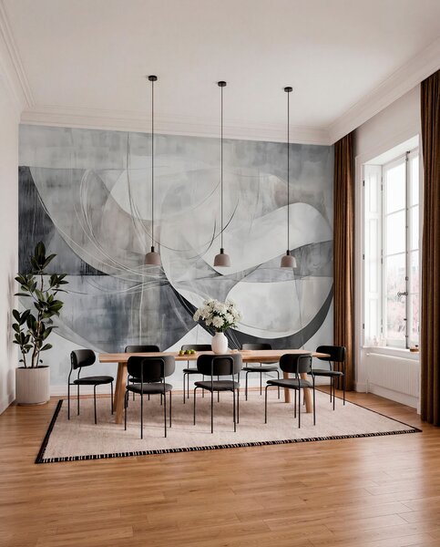 Tapet Forme abstracte și forme în nuanțe de alb, gri și negru pe un fundal cu textură neclară, Fototapet Modern, w08461v1 : Uwalls.ro
