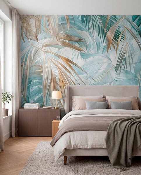 Tapet Un imprimeu floral abstract tropical cu frunze mari de palmier în nuanțe de, Fototapet Natură, Fototapet Foi de palmier, w08532 : Uwalls.ro