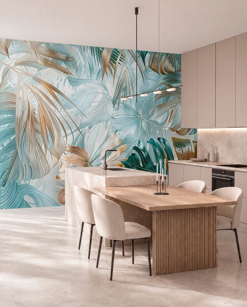 Tapet Un imprimeu floral abstract tropical cu frunze mari de palmier în nuanțe de, Fototapet Natură, Fototapet Foi de palmier, w08532 : Uwalls.ro