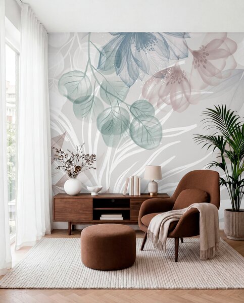 Tapet Imprimeu floral în culori pastelate cu flori și frunze abstracte mari transparente în nuanțe de gri, roz, Fototapet Flori, w08600 : Uwalls.ro