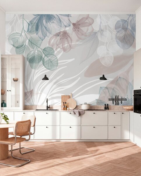 Tapet Imprimeu floral în culori pastelate cu flori și frunze abstracte mari transparente în nuanțe de gri, roz, Fototapet Flori, w08600 : Uwalls.ro