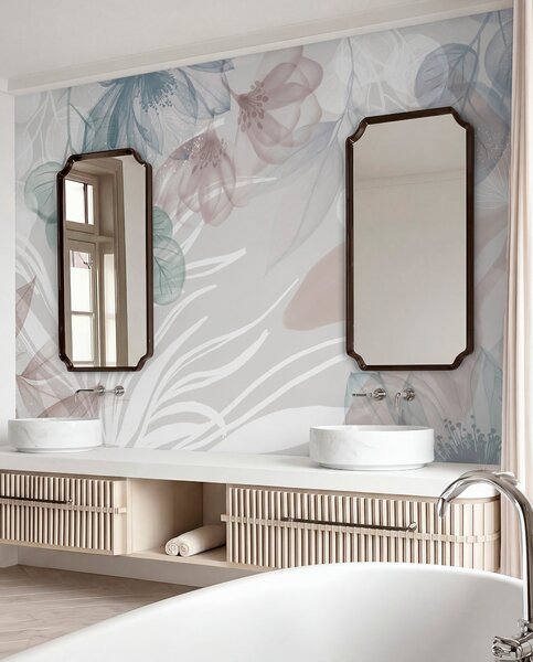 Tapet Imprimeu floral în culori pastelate cu flori și frunze abstracte mari transparente în nuanțe de gri, roz, Fototapet Flori, w08600 : Uwalls.ro