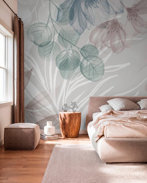 Tapet Imprimeu floral în culori pastelate cu flori și frunze abstracte mari transparente în nuanțe de gri, roz, Fototapet Flori, w08600 : Uwalls.ro