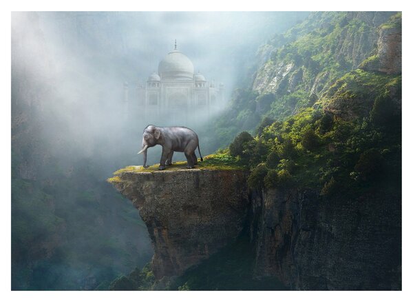 Tablou pe sticlă - Elefant în vârful Taj Mahalului (70x50 cm)