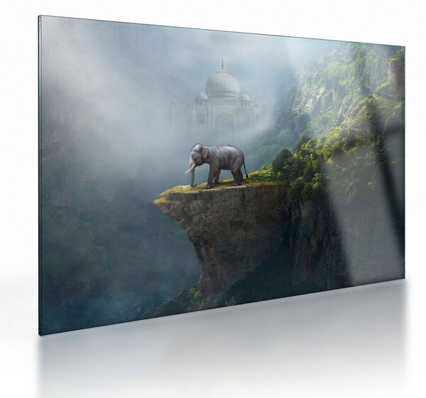 Tablou pe sticlă - Elefant în vârful Taj Mahalului (70x50 cm)