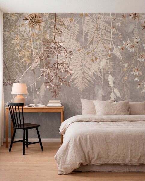 Tapet Un vis, delicat, wispy plante, spikelets și flori în culori pastelate maro pe un fundal cețos, texturat, Fototapet Flori, w08606v1 : Uwalls.ro
