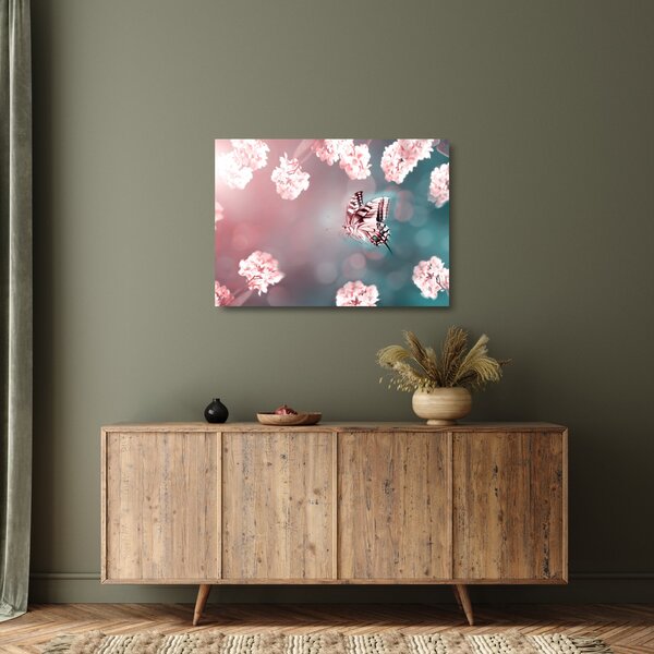 Tablou pe sticlă - Fluture între flori (70x50 cm)