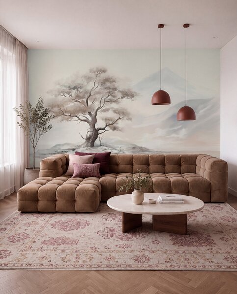 Tapet Un desen minimalist al unui copac singuratic, răsucit, într-un peisaj stâncos și dezolant, cu munți în, Fototapet Natură, w08604 : Uwalls.ro