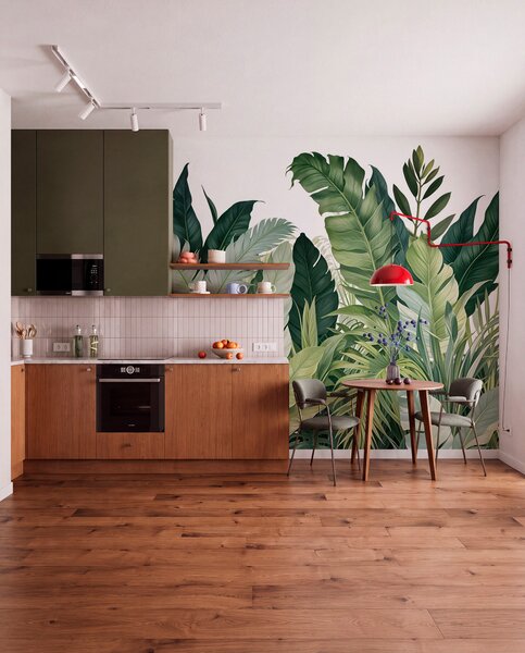 Tapet Frunze tropicale cu diverse frunze verzi mari, inclusiv frunze de bananier, frunze de palmier și alte, Fototapet Natură, w08609 : Uwalls.ro
