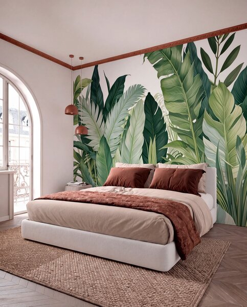 Tapet Frunze tropicale cu diverse frunze verzi mari, inclusiv frunze de bananier, frunze de palmier și alte, Fototapet Natură, w08609 : Uwalls.ro