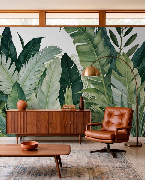 Tapet Frunze tropicale cu diverse frunze verzi mari, inclusiv frunze de bananier, frunze de palmier și alte, Fototapet Natură, w08609 : Uwalls.ro