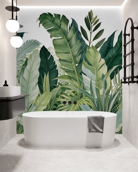 Tapet Frunze tropicale cu diverse frunze verzi mari, inclusiv frunze de bananier, frunze de palmier și alte, Fototapet Natură, w08609 : Uwalls.ro