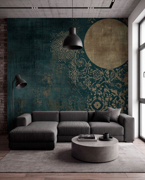 Tapet Cercuri galbene pe un fundal închis în vârstă, Fototapet stil industrial, w08628 : Uwalls.ro