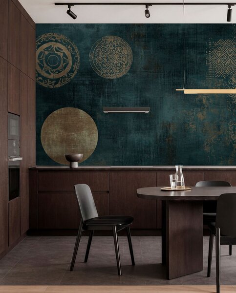 Tapet Cercuri galbene pe un fundal închis în vârstă, Fototapet stil industrial, w08628 : Uwalls.ro