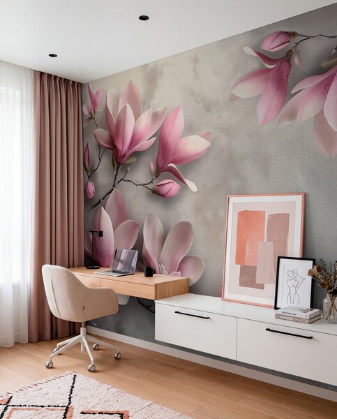 Tapet Delicate magnolii roz pe un perete de beton în tonuri de gri, Fototapet Flori, w08636v1 : Uwalls.ro