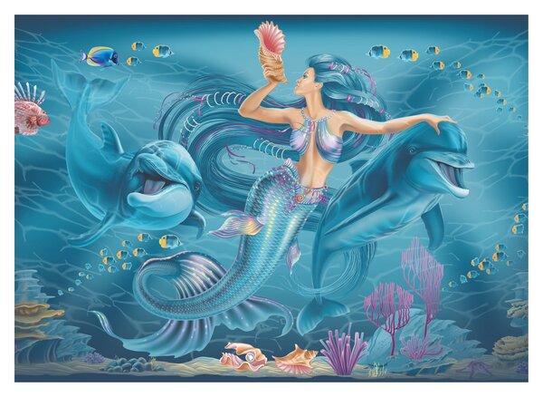 Tablou pe sticlă - Sirenă cu delfini (70x50 cm)