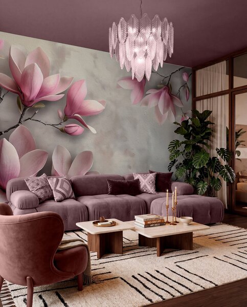 Tapet Delicate magnolii roz pe un perete de beton în tonuri de gri, Fototapet Flori, w08636v1 : Uwalls.ro