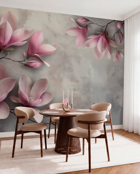 Tapet Delicate magnolii roz pe un perete de beton în tonuri de gri, Fototapet Flori, w08636v1 : Uwalls.ro