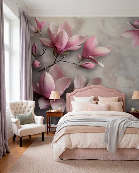 Tapet Delicate magnolii roz pe un perete de beton în tonuri de gri, Fototapet Flori, w08636v1 : Uwalls.ro