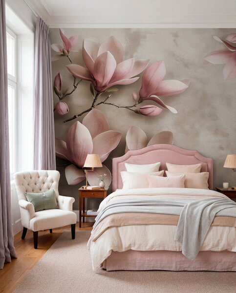Tapet Delicate magnolii roz pe un perete de beton în tonuri sepia, Fototapet Flori, w08636v2 : Uwalls.ro